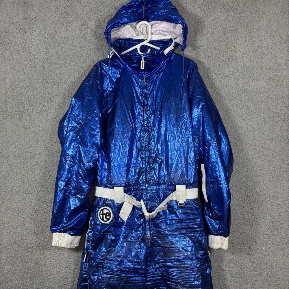 Tipsy Elves Ski Suit Mens L Blue Metallic Retro One Piece Belted Snowsuit 2145